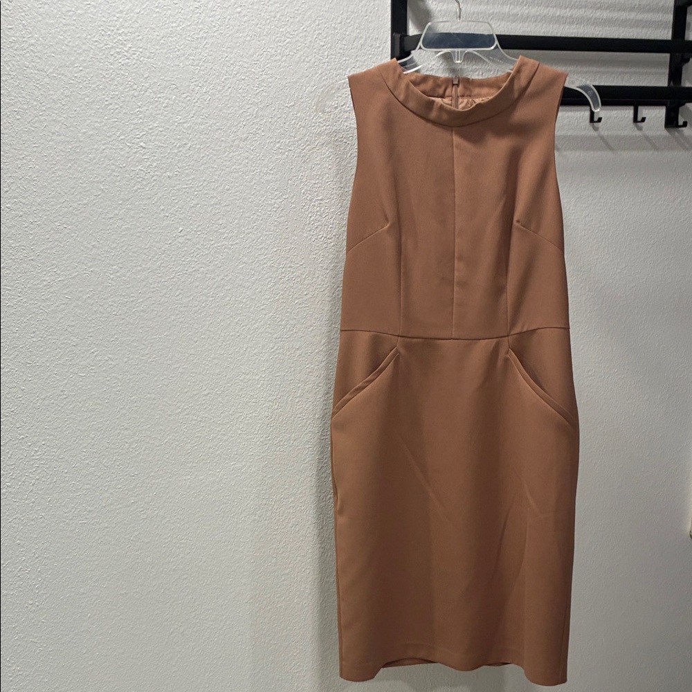 Sleeveless Tan Midi Shift Dress with Pocket Detail